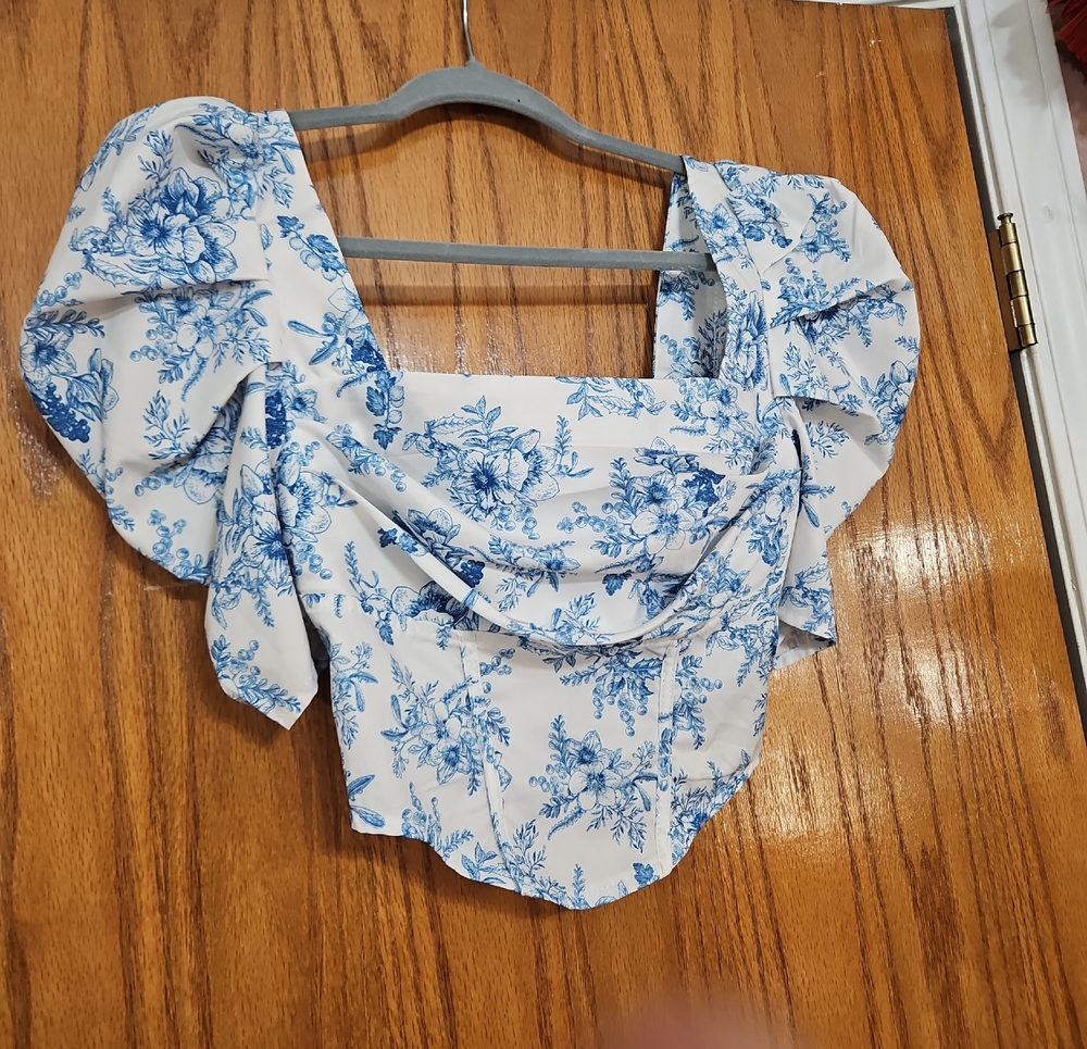 Blue and White Puff Sleeve Ruffled Top
